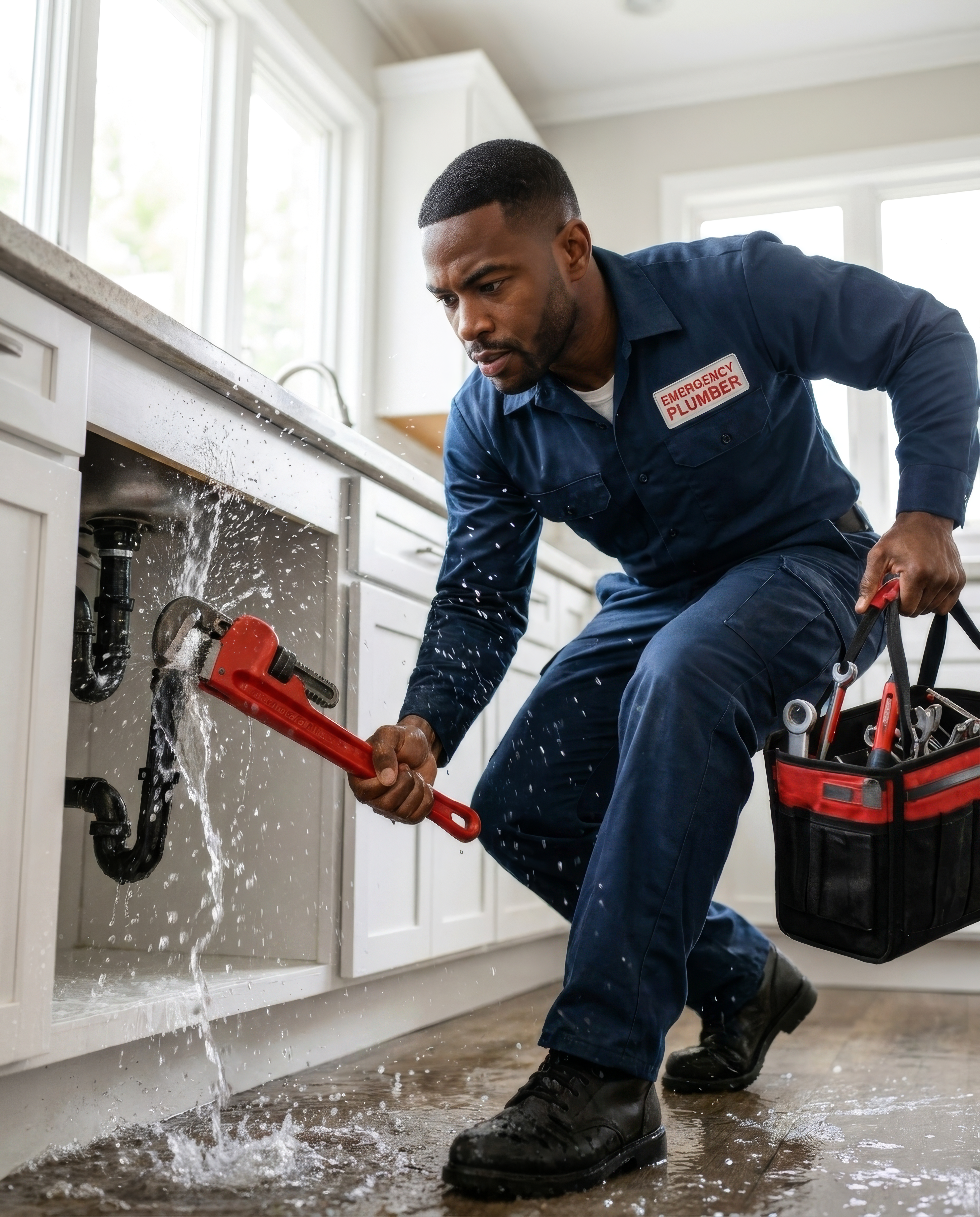 An emergency plumber tightening a leaking pipe under a kitchen sink with a pipe wrench as water sprays out.
